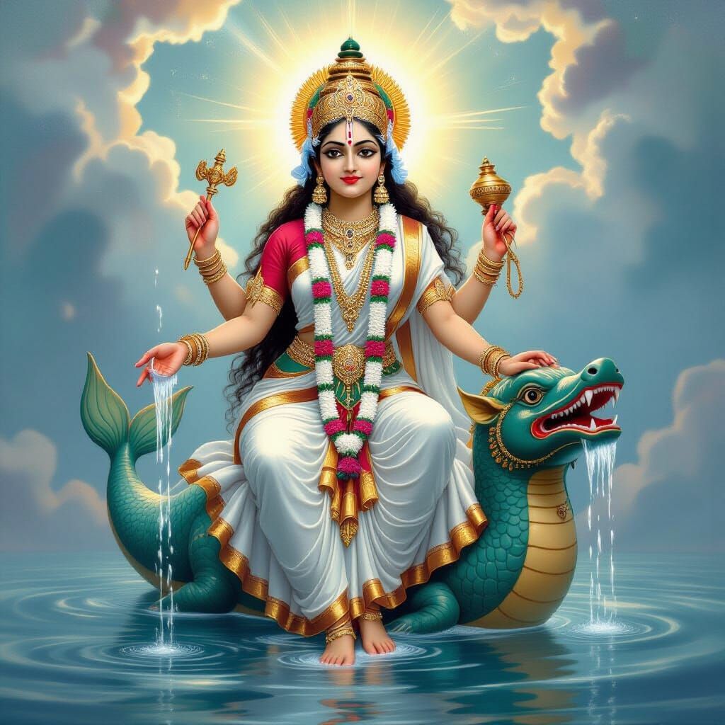 Maa Ganga Descends from Heavens Riding Makara