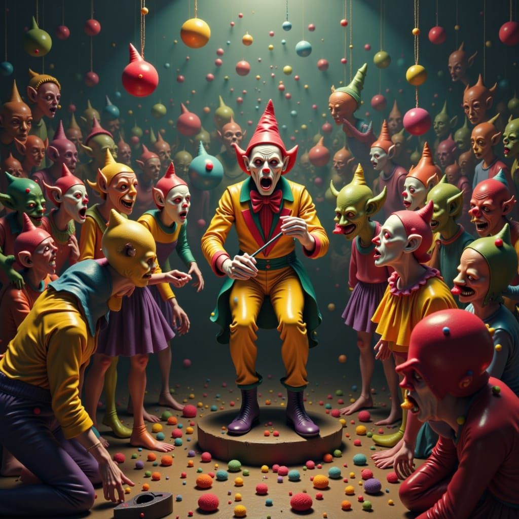 Juggler Surrounded by Clowns in Vivid, Chaotic Scene
