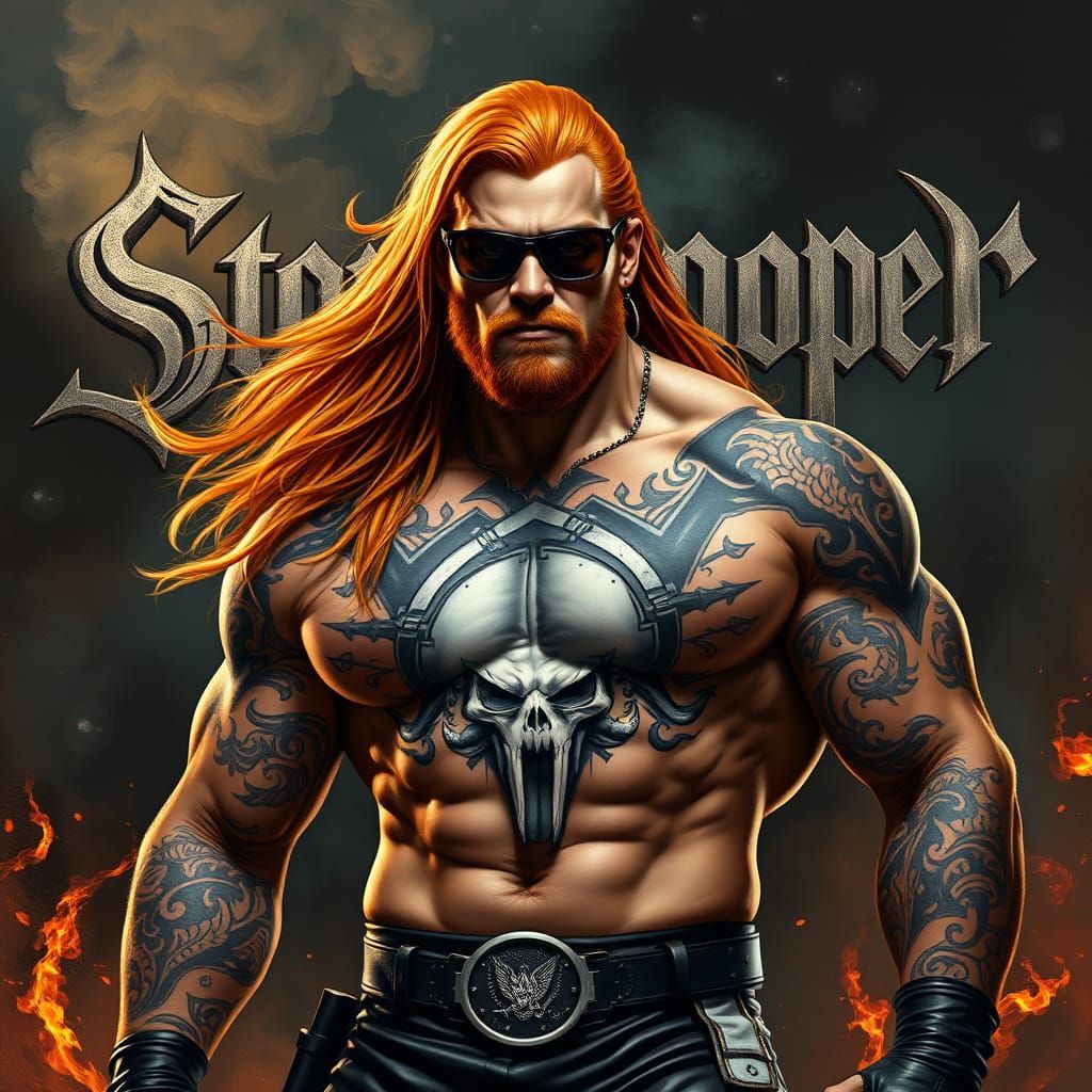 Muscular Wrestler with Tattoos in Leather Outfit