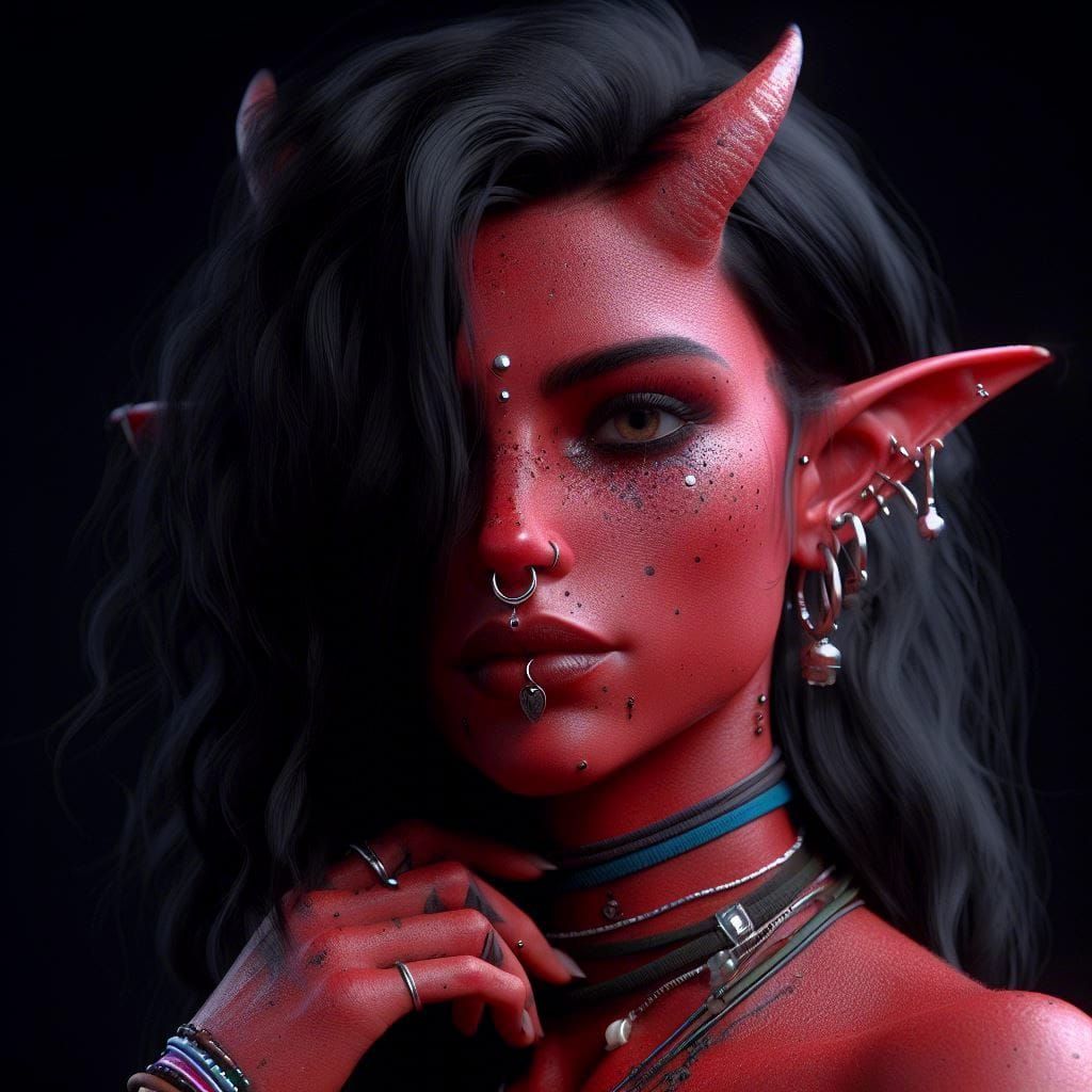 Tiefling Woman with Dark Hair in Fantasycore Style