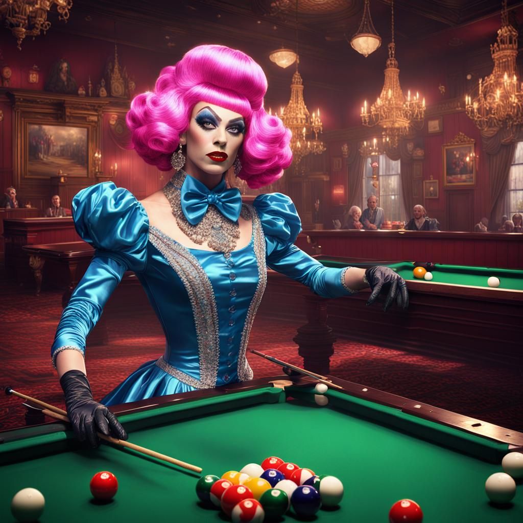 Extravagant Drag Queen Playing Snooker in a Wonderland