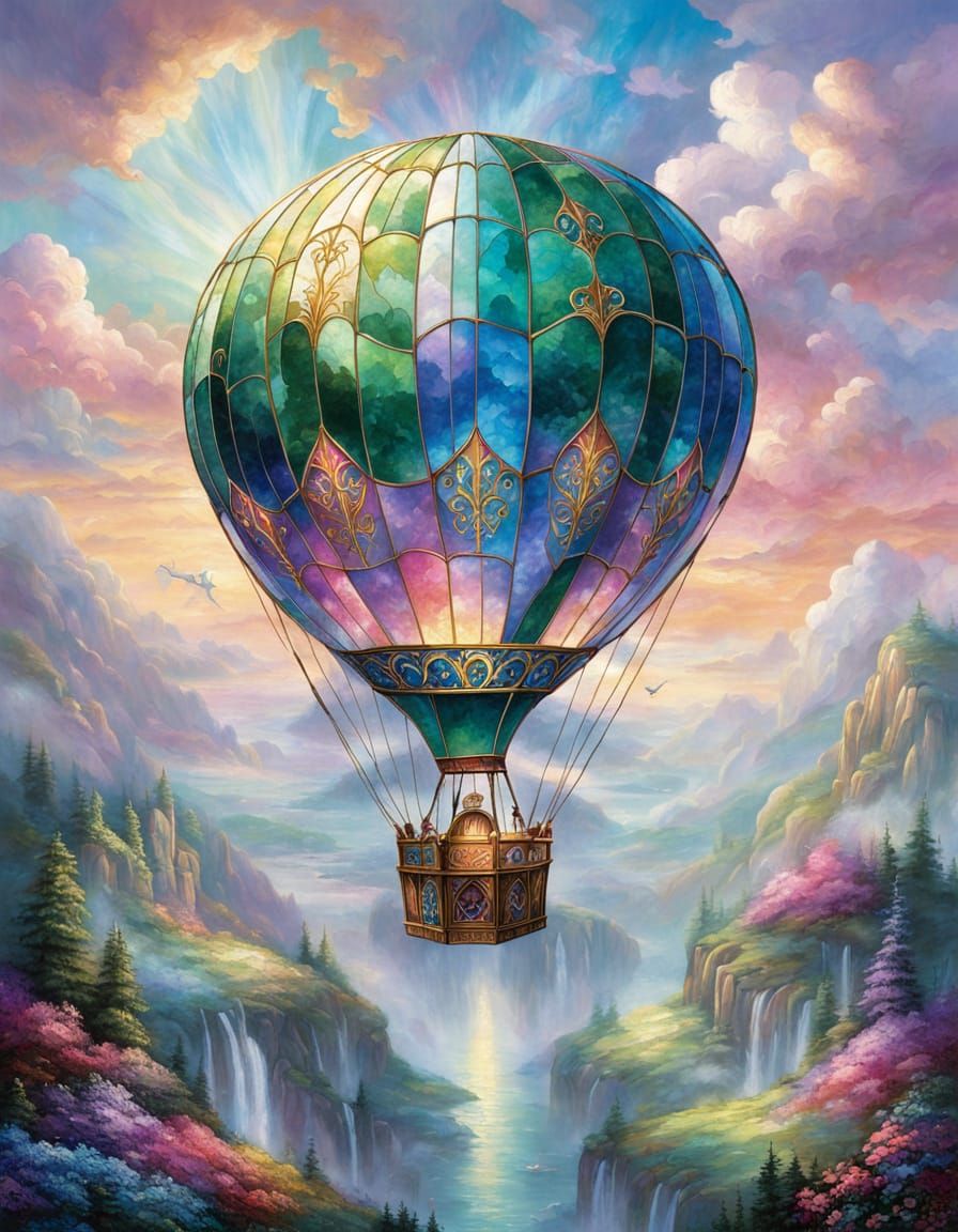Stained Glass Hot Air Balloon Window in Ethereal Mist