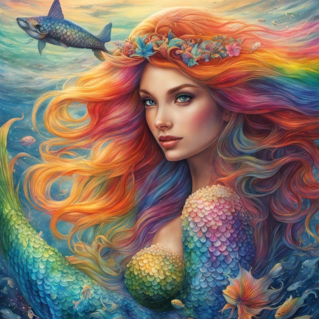 Rainbow-Haired Mermaid Under the Sea: Pastel Art