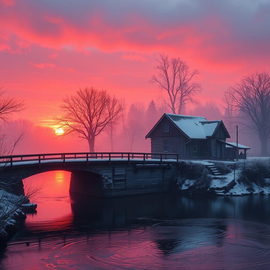 Charming Winter Wonderland Scene with Old Bridge and Radiant...