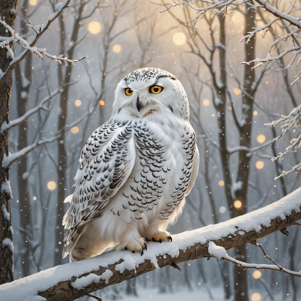 Whimsical Snowy Owl in Enchanting Winter Forest