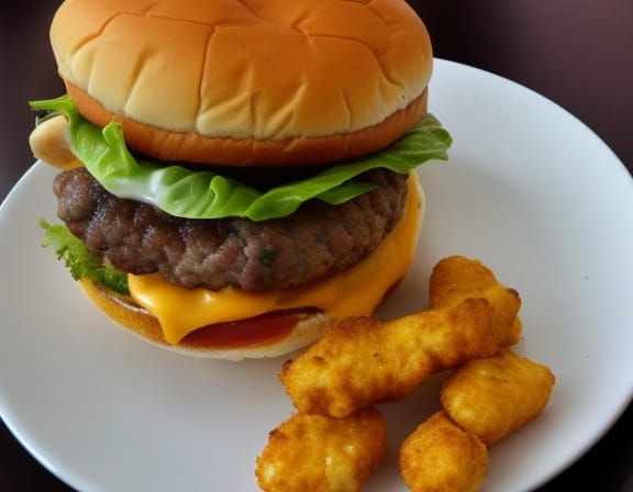 A delicious cheeseburger with side of  chicken nuggets