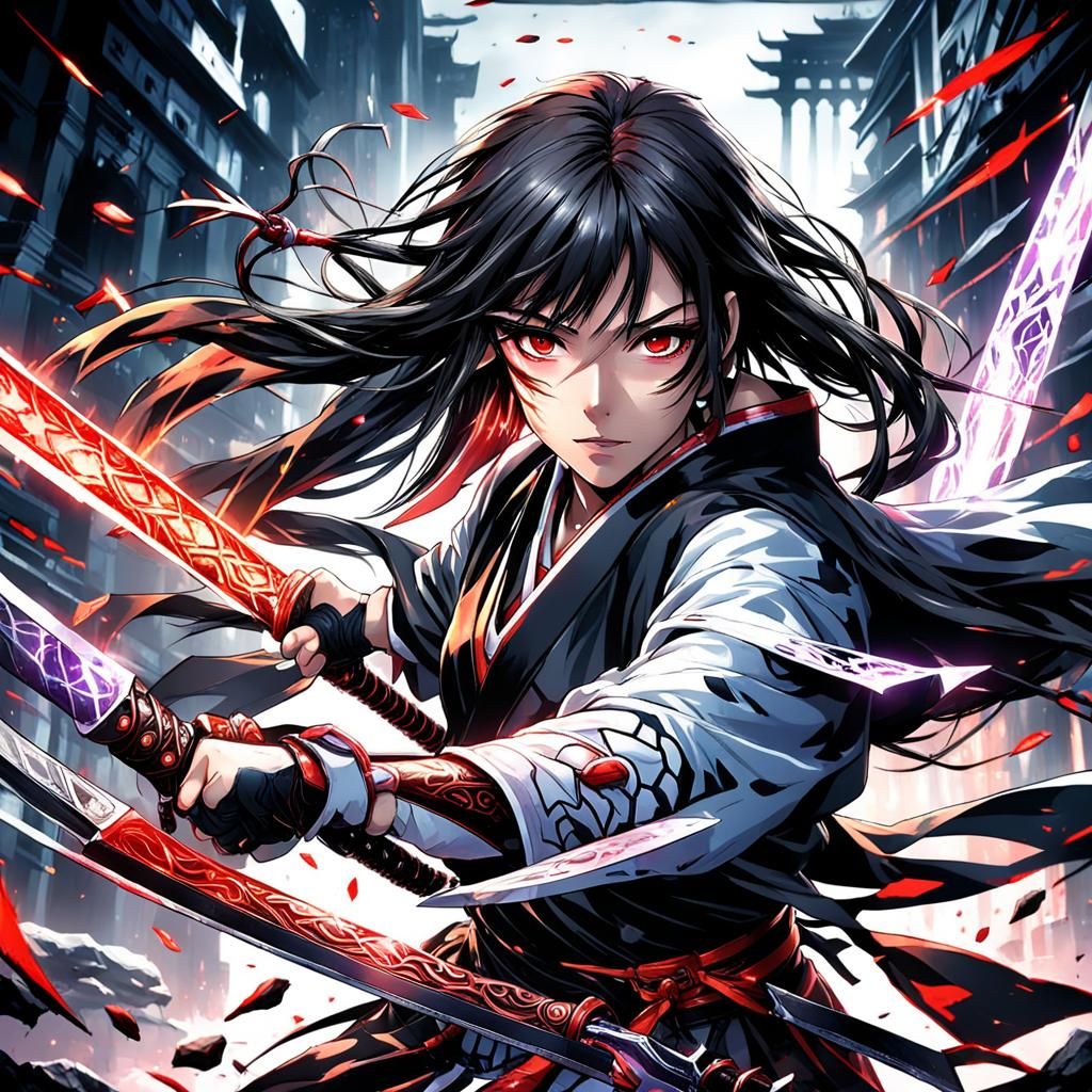 Anime Girl Sword Fight in Dark Fantasy Style