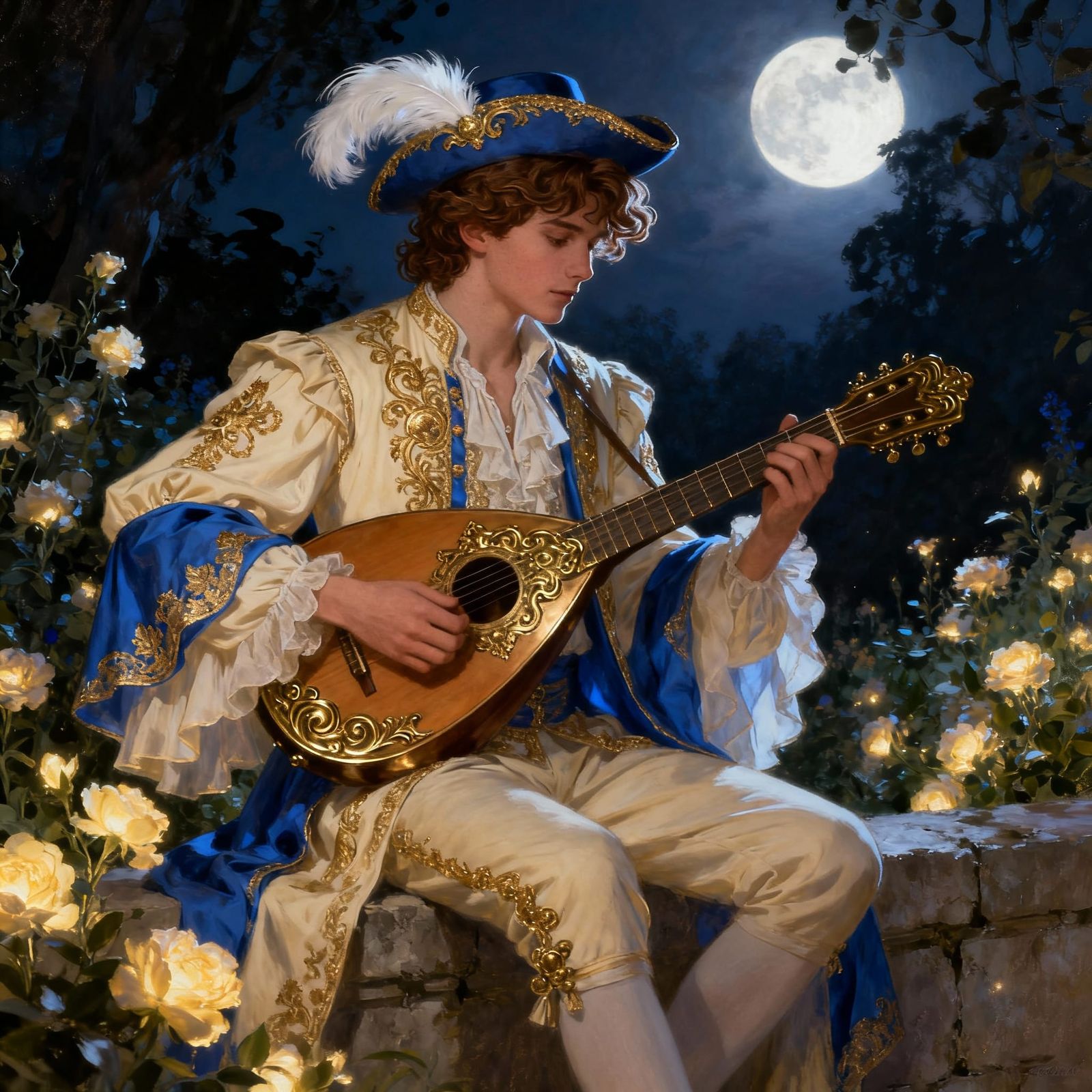 Fantasy Mandolin Player in Ornate Blue and Cream Outfit