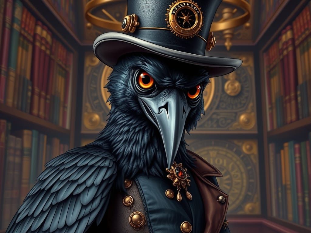 Steampunk Raven in Elegant Victorian Attire amidst Rich Libr...