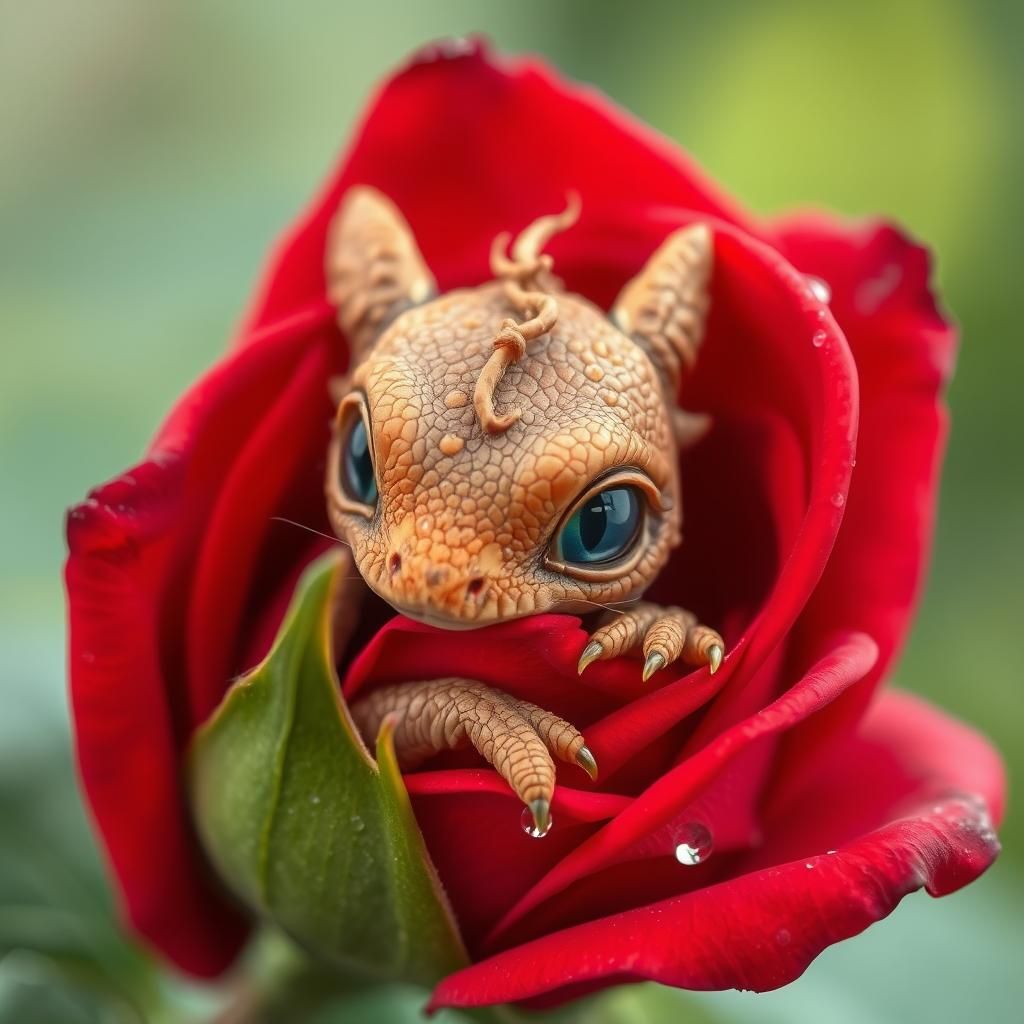 Baby Dragon Hiding in Rose with Dew Drops