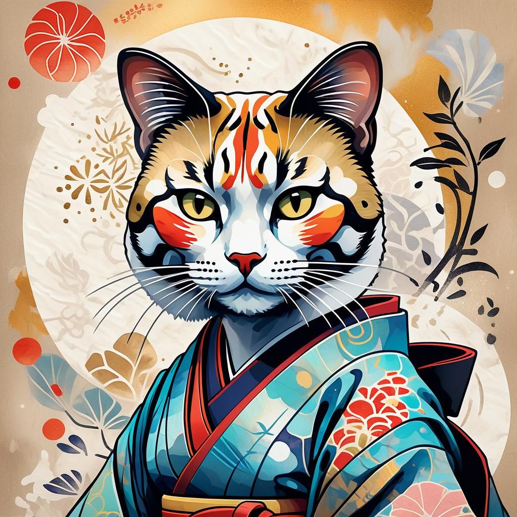 Cat Geisha in Ukiyo-e Style with Graffiti