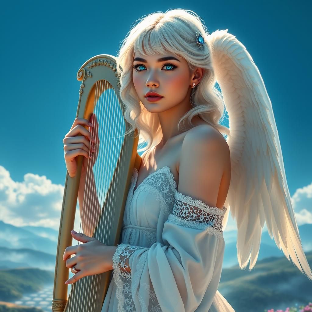 Ethereal Angel with Harp in Stormy Sky: 8K Render