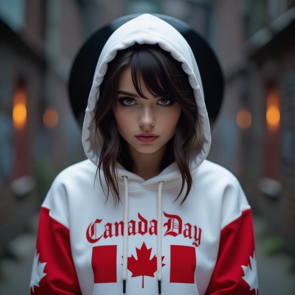 Emo Girl in Canada Day Hoodie: Gritty Portrait