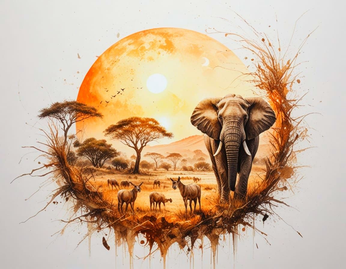 African Savanna Sunrise with Crescent Moon