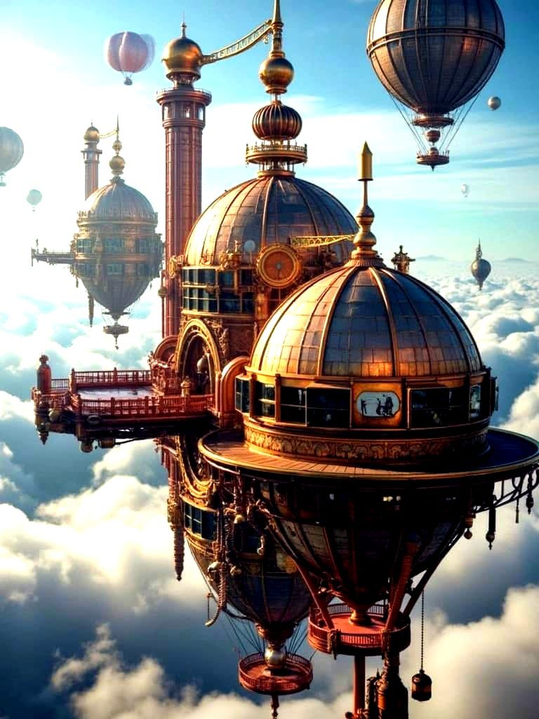 Steampunk Floating City Above Clouds in Warm Daylight