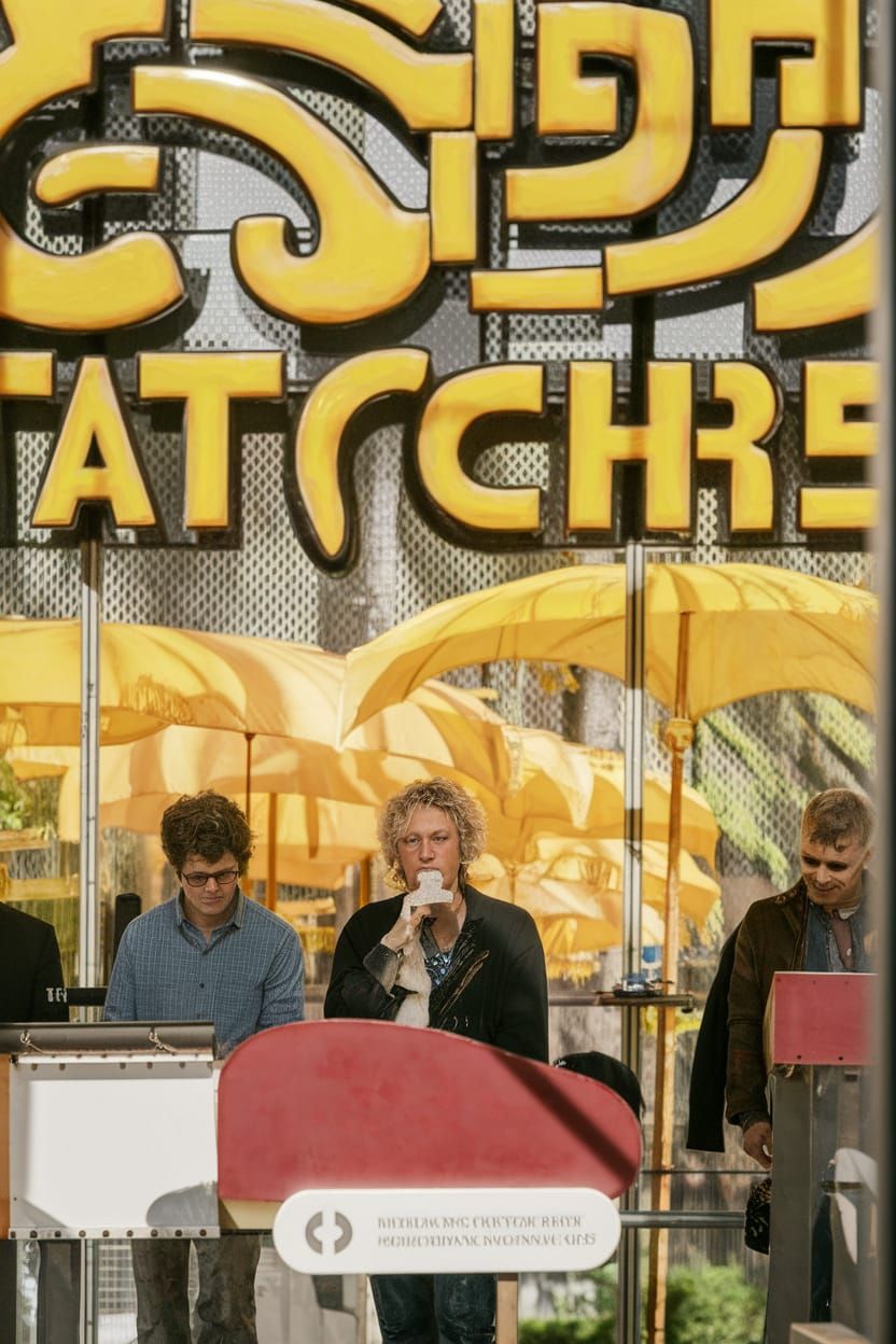 Cyberpunk Sunset Robot in a Whimsical Dystopian Landscape