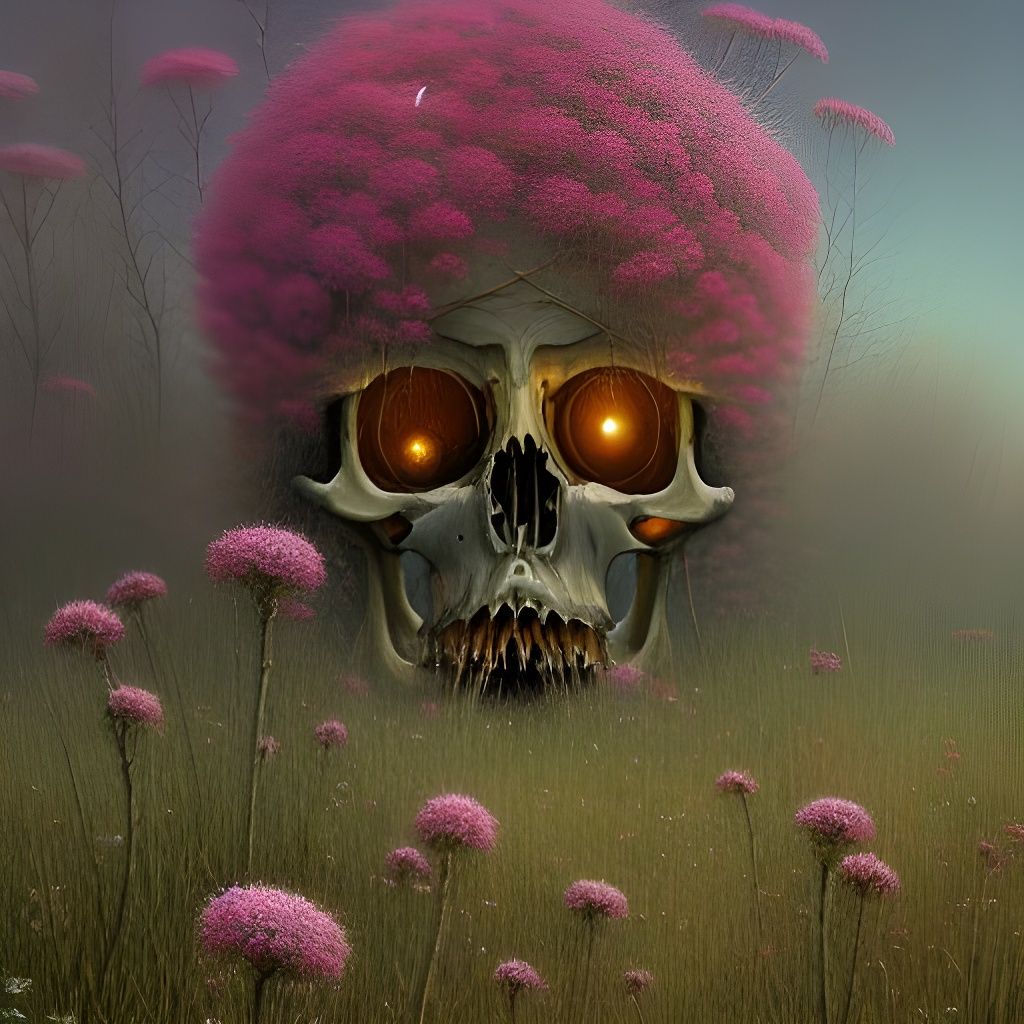 Flowers Bloom from Skeleton: Detailed Digital Painting
