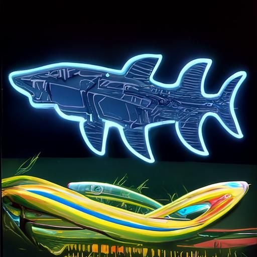 Realistic Neon Shark in Steampunk Biopunk Style