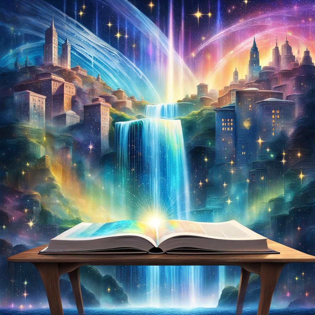 Iridescent City on Book Page: Cosmic Illustration