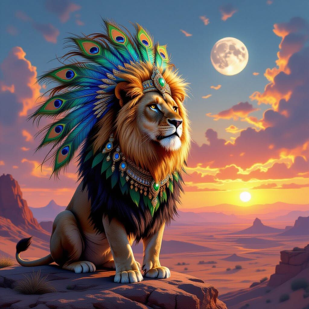 Majestic Lion with Peacock Feathers and Headdress Overlookin...