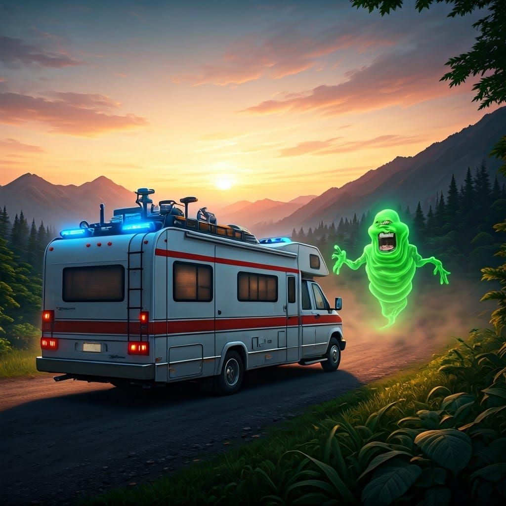 White Motorhome, ghostbusters echo one design. Slimer following in background. Ghostbusters symbol on motorhome, driving...