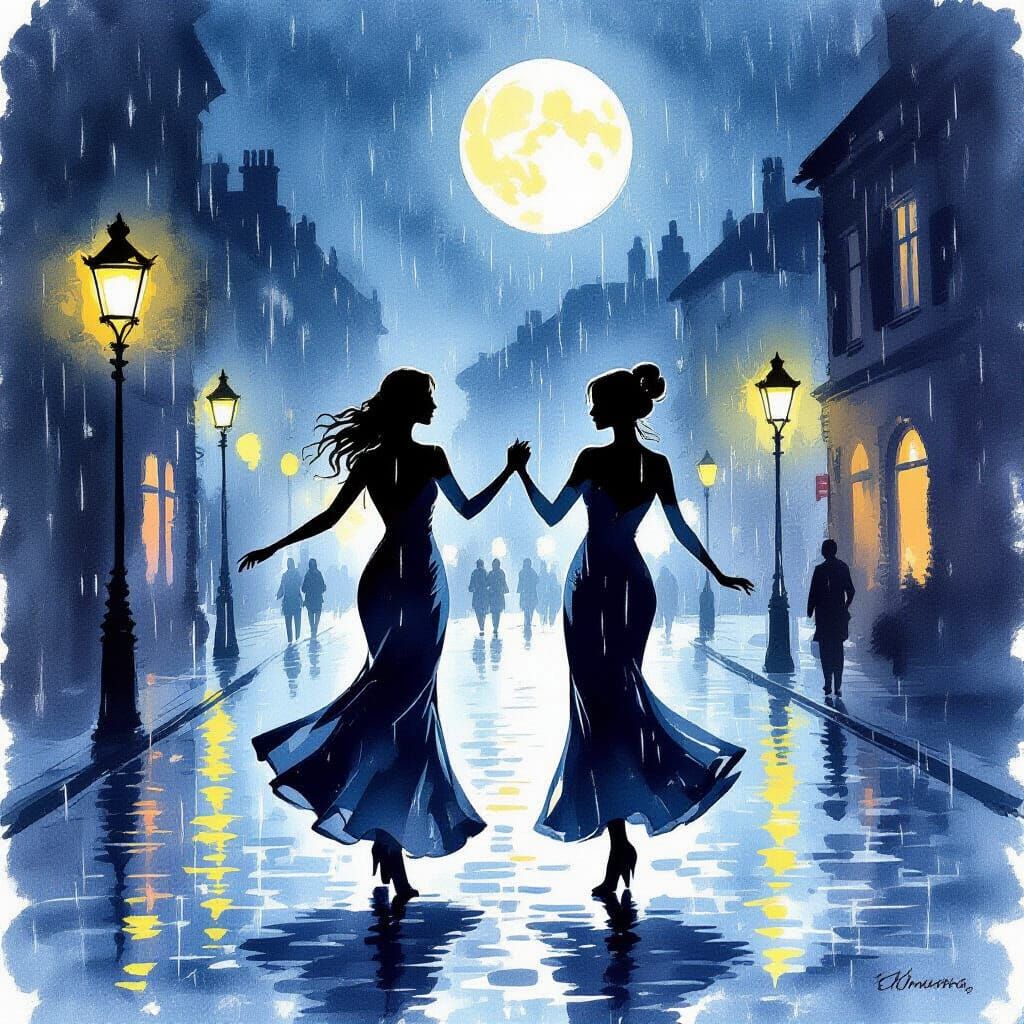 Silhouettes Dancing in Moonlight Rain, Watercolor Style
