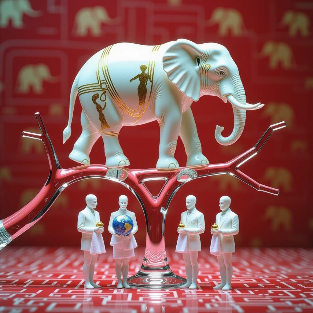 Glass Elephant on Cracked Branch, Abstract Figures Below