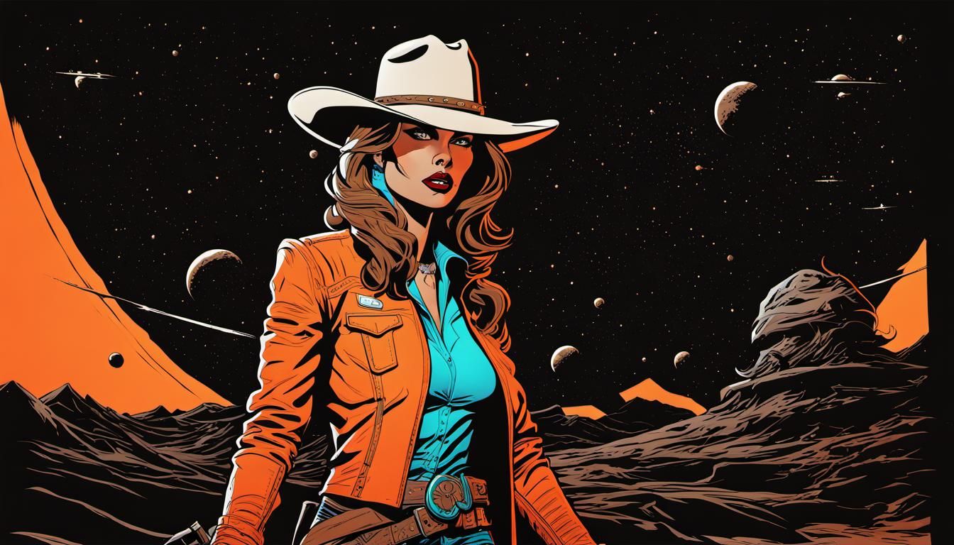 Space Cowgirl Comic Art in Neon Western Style