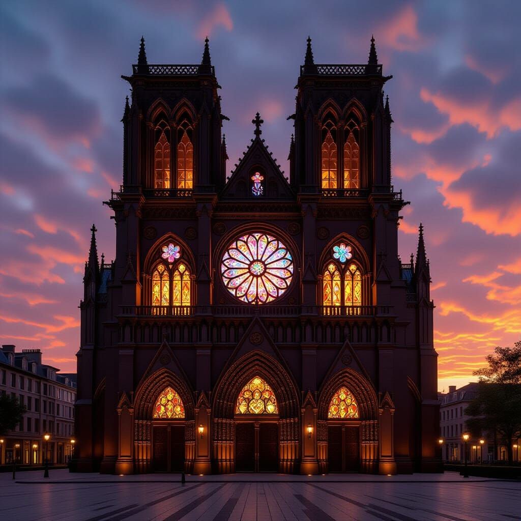 Gothic Chocolate Cathedral with Glowing Sugar-Glass Windows