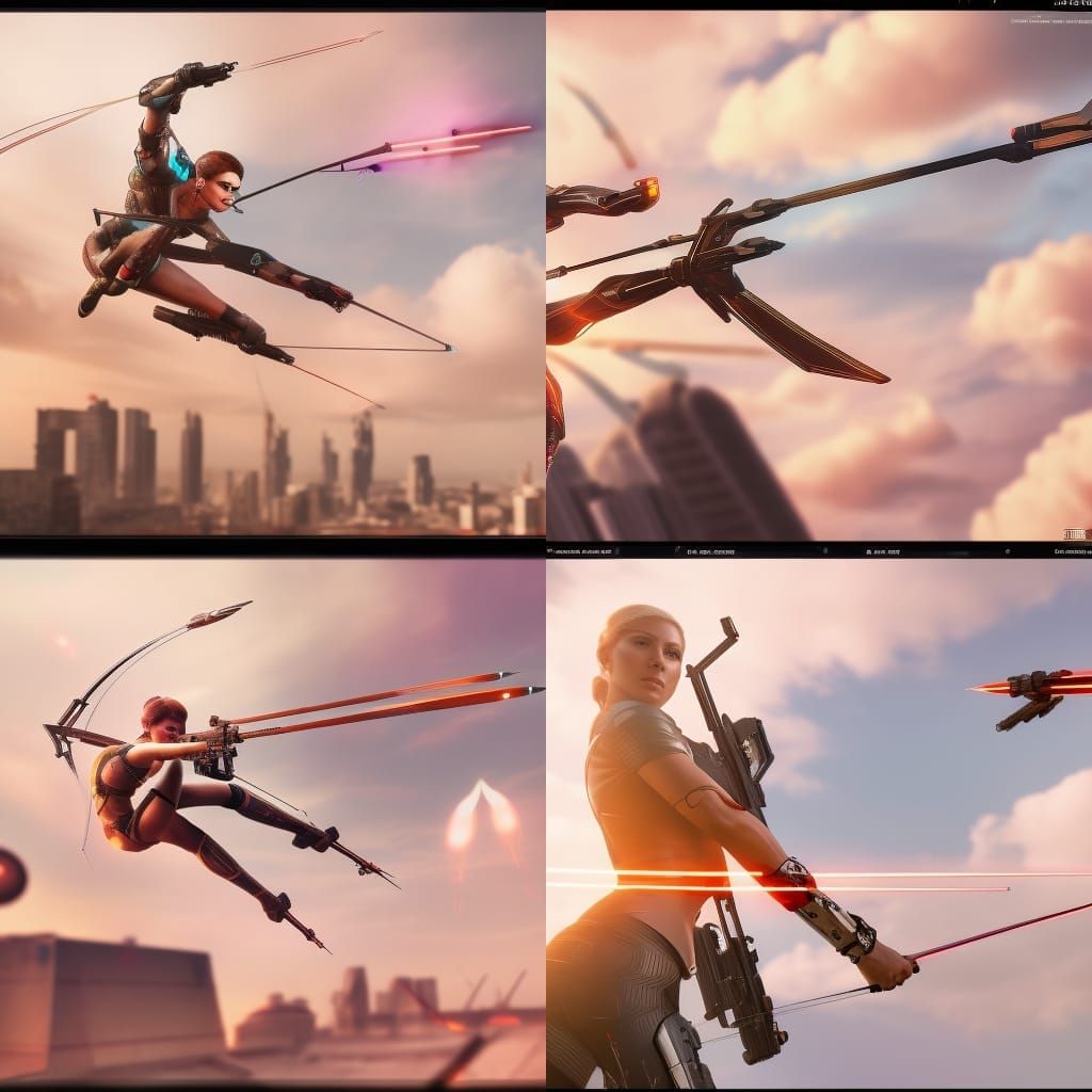 Cyberpunk Archer Takes Aim in Neon Sky