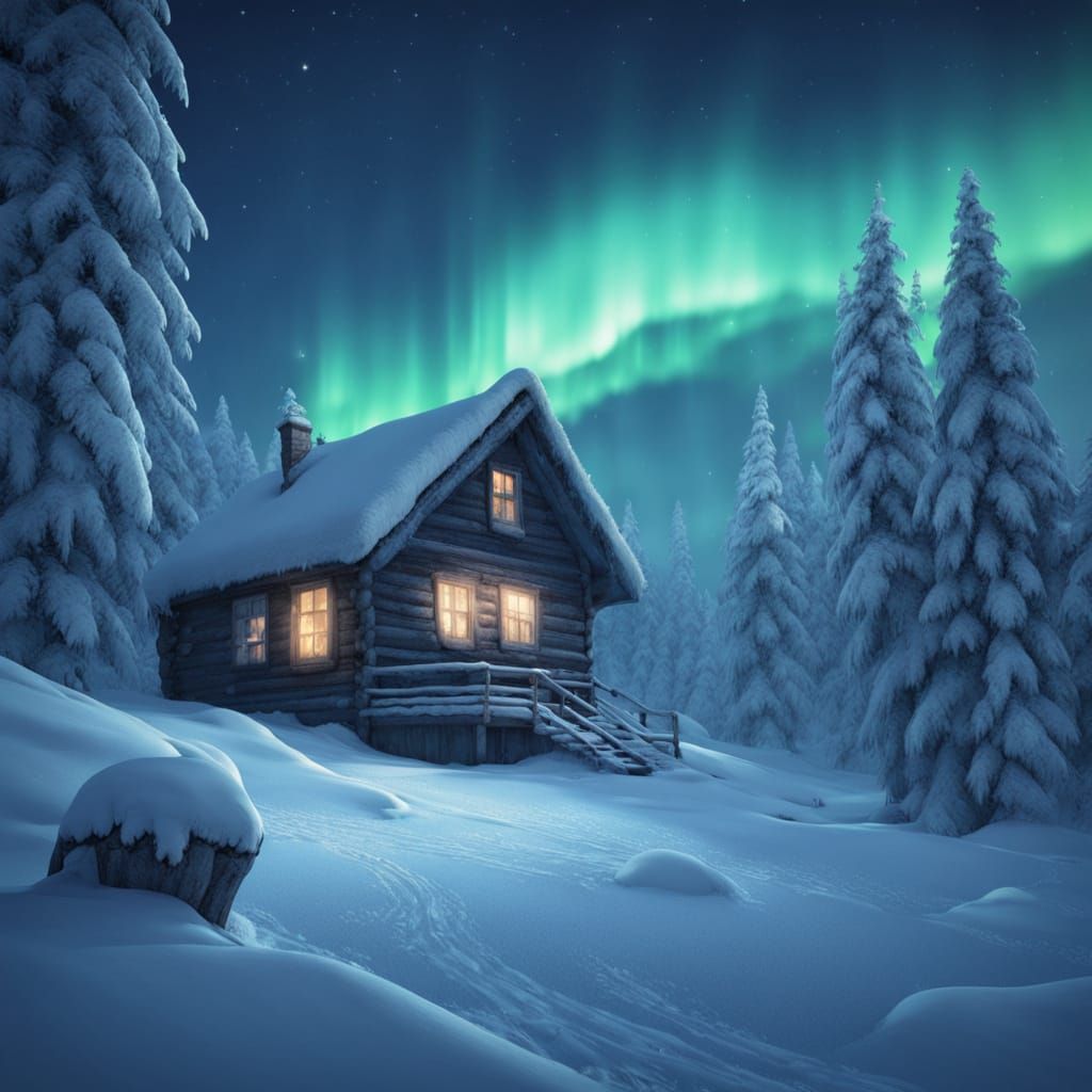 Lonely Winter Cabin Under Northern Lights
