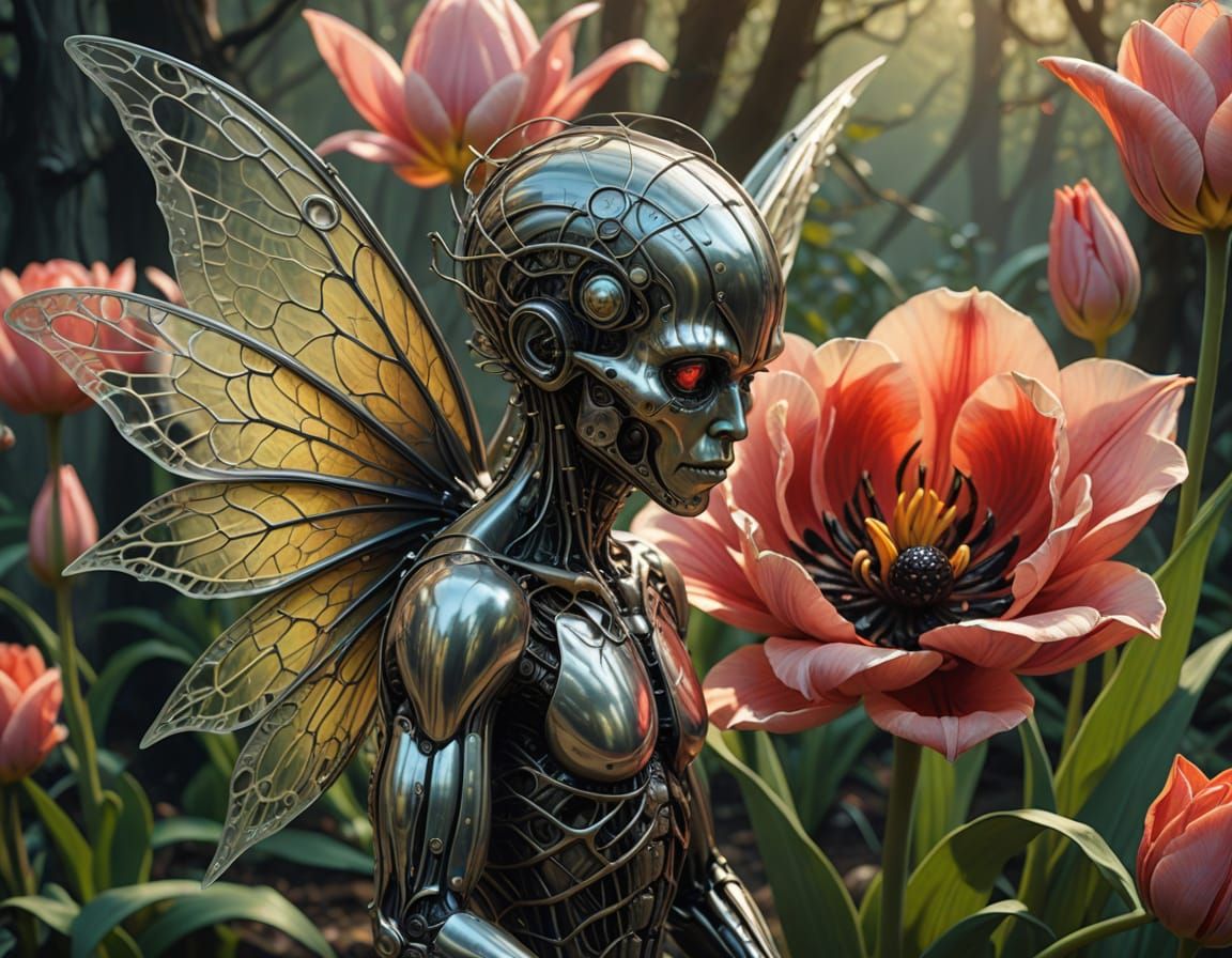 Cybernetic Faerie Guardian in a Vibrant Tulip Blossom