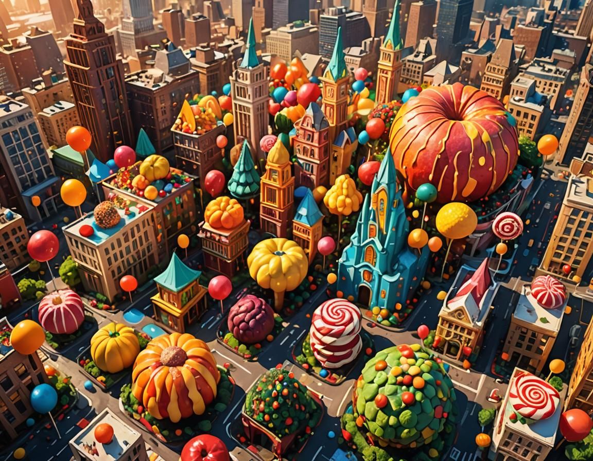 Colossal Food City in Vibrant Splash Art Style