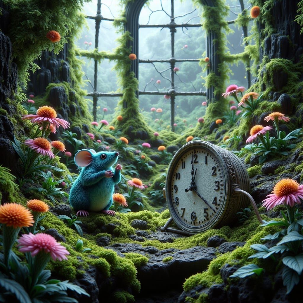 Overgrown Greenhouse Clock with Aqua Mouse