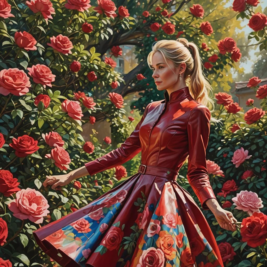 Woman in Red Dress: Impressionistic Garden Scene