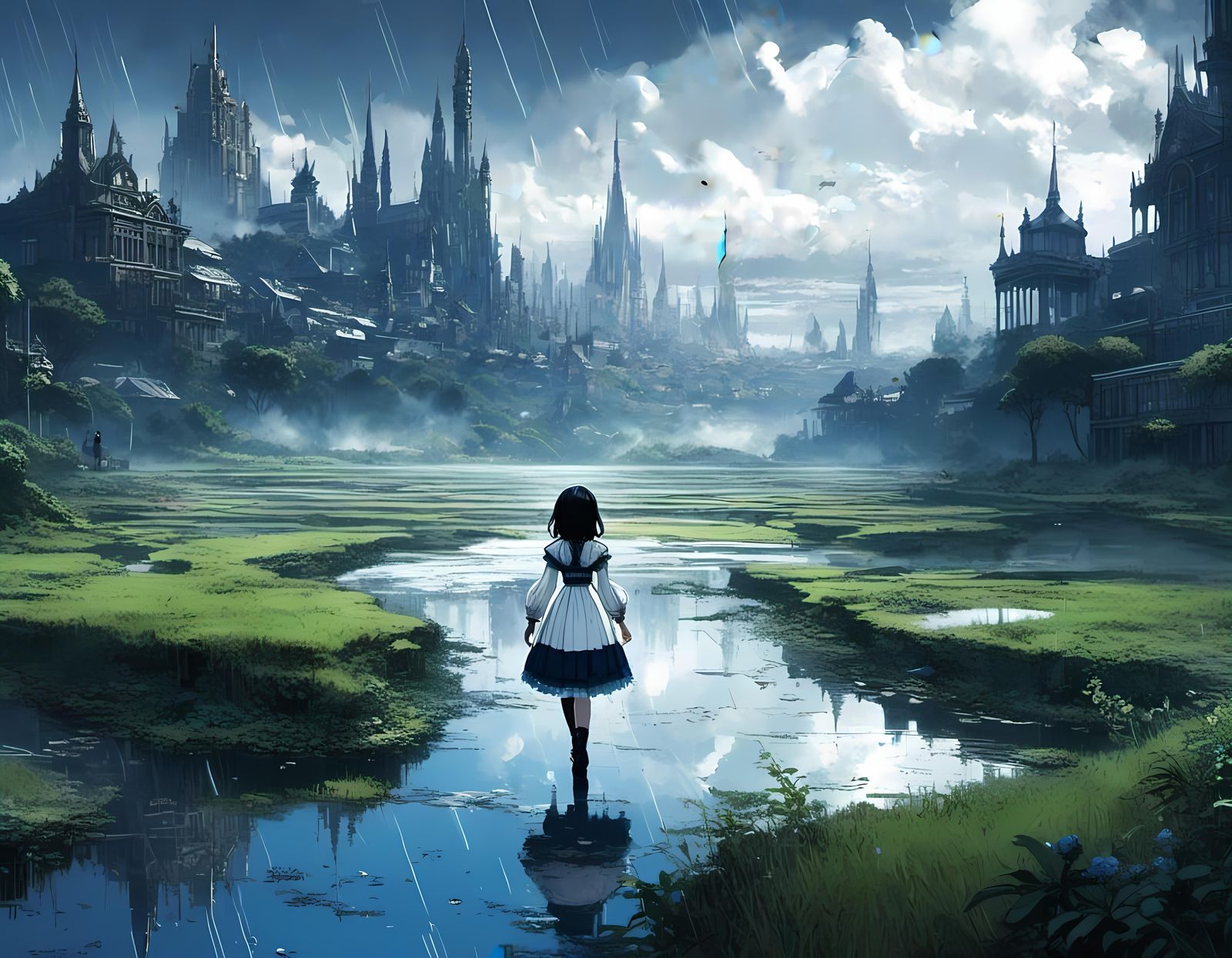 Girl Walks on Water in Rainy Landscape