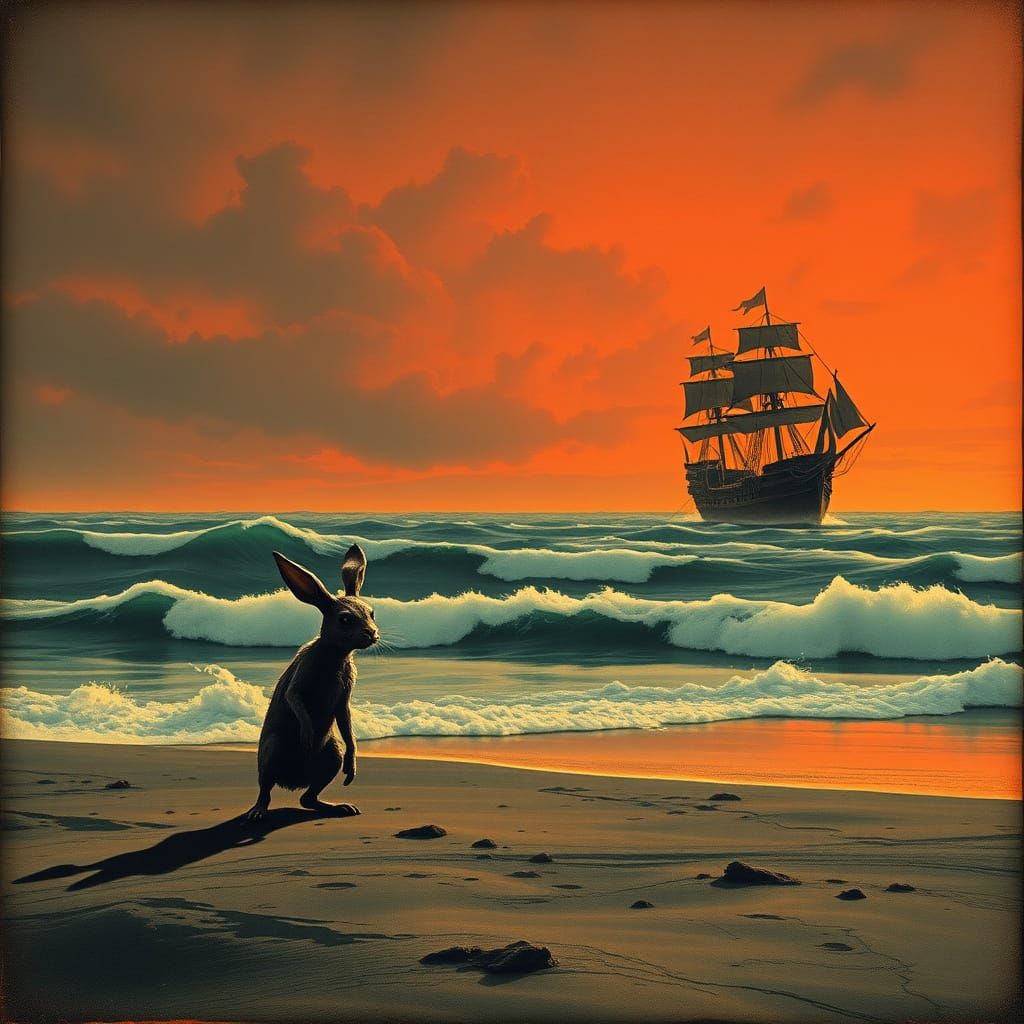 Zombie Rabbit on Windswept Beach at Twilight