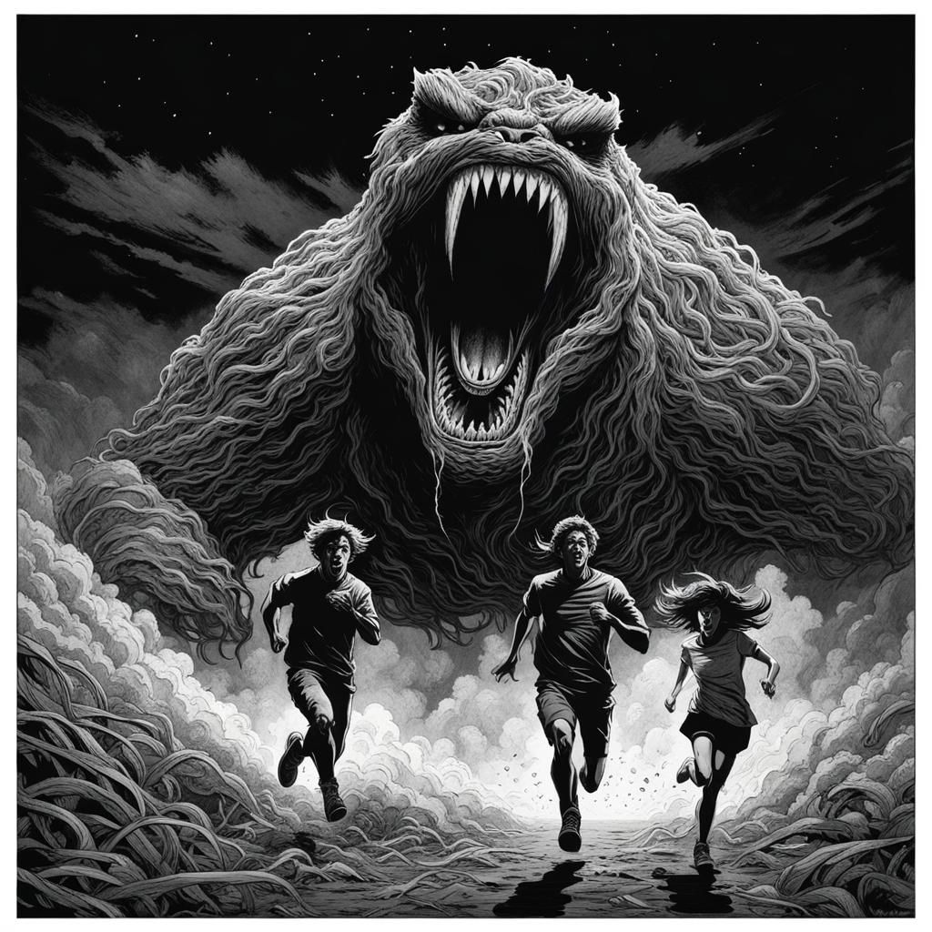 Ramen Monster Chases Terrified Teenagers: Ink Art