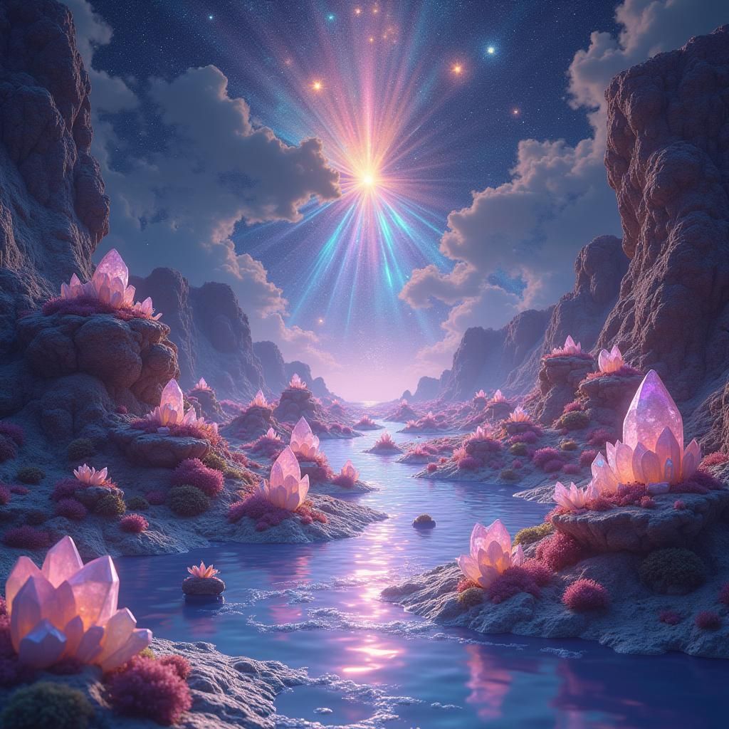 Celestial Crystal Landscape with Radiant Minerals