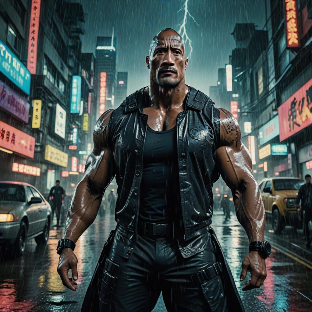 Dwayne Johnson as Cyberpunk Samurai in Neo-Tokyo
