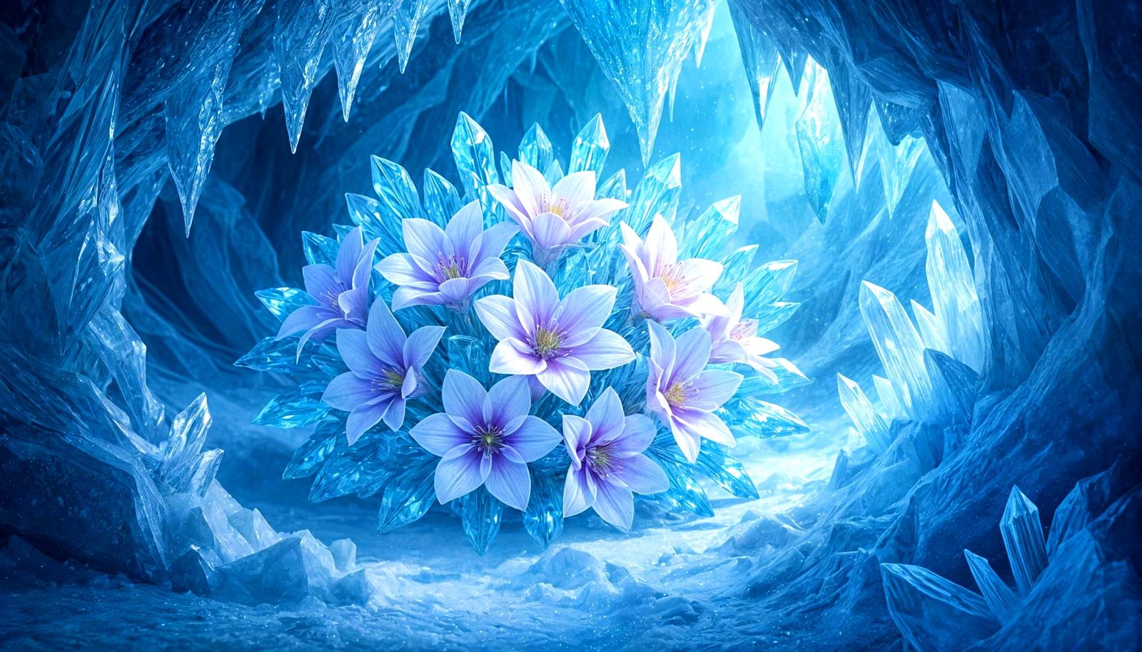 Shimmering Ice Flower Bouquet in Crystal Cavern