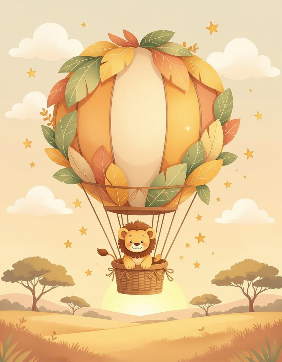 Dreamy Watercolor Baby Lion in Leafy Hot Air Balloon