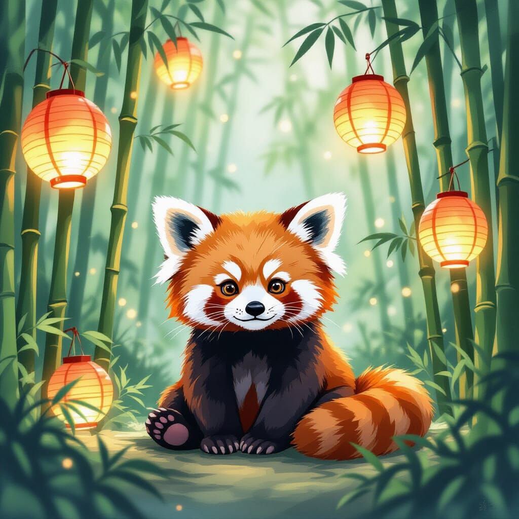 Red Panda Cub in Dreamy Bamboo Forest