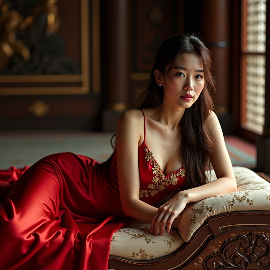 Asian Woman in Red Gown in Oriental Temple