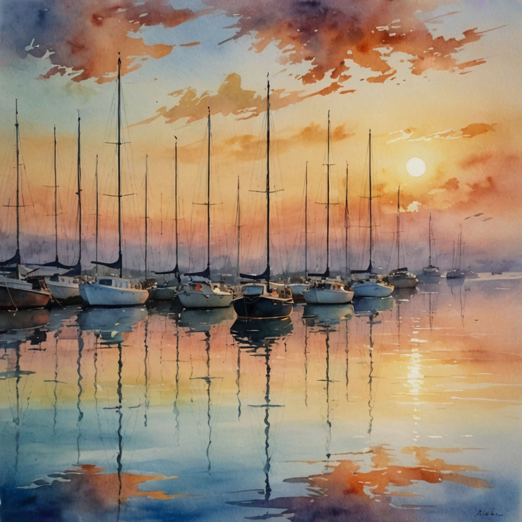 Ethereal Sunset Harbor Scene in Abstract Watercolor Style