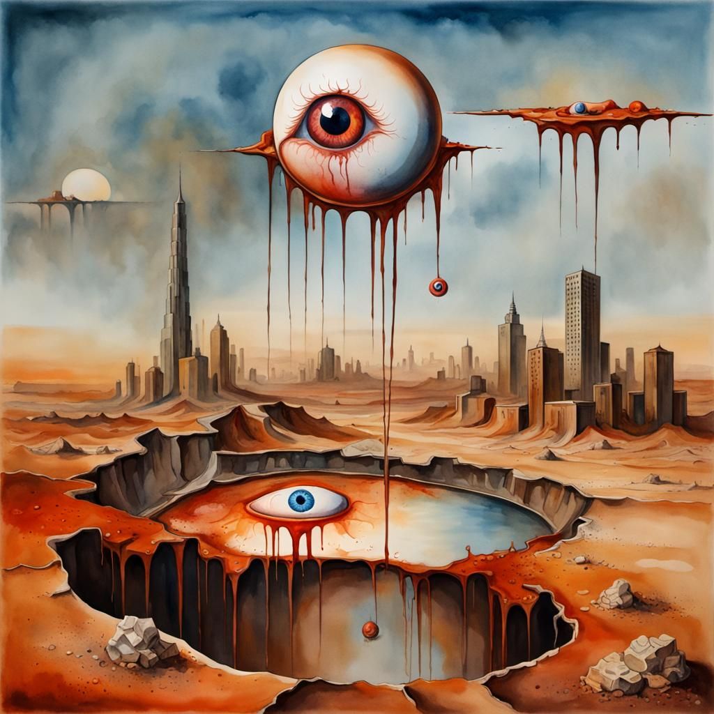 Surreal Eyeball Floats Above Desert in Watercolor
