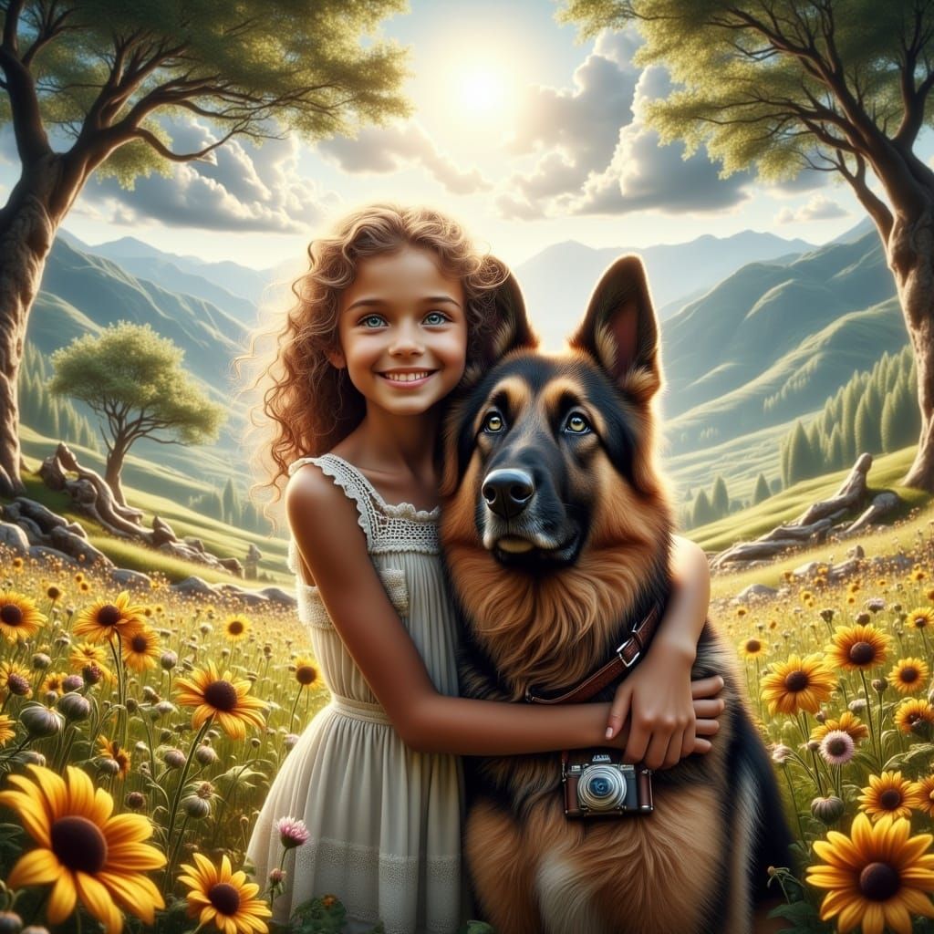 Girl and Dog in Meadow, Hyperrealistic Photography