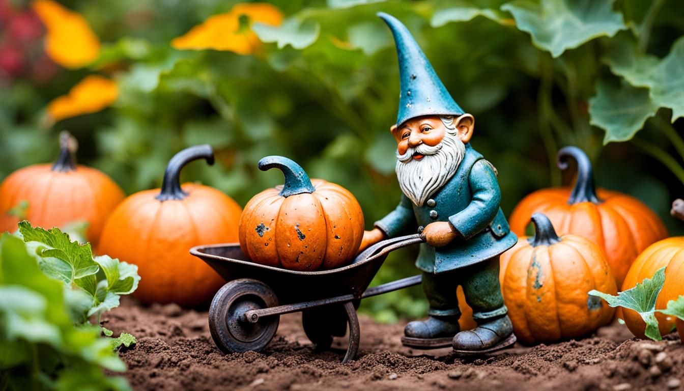 Metal Toy Gnome with Pumpkins in Garden