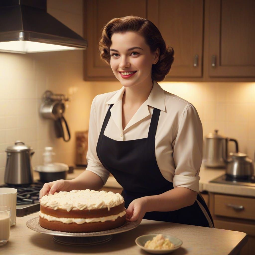 1950s Kitchen: A Woman Baking in Film Noir Style