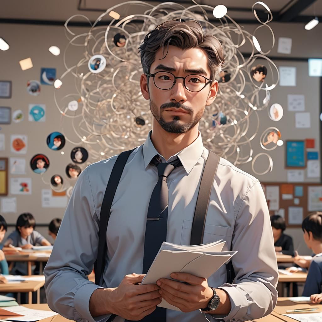 Confident Teacher Surrounded by Student Work, Anime Art